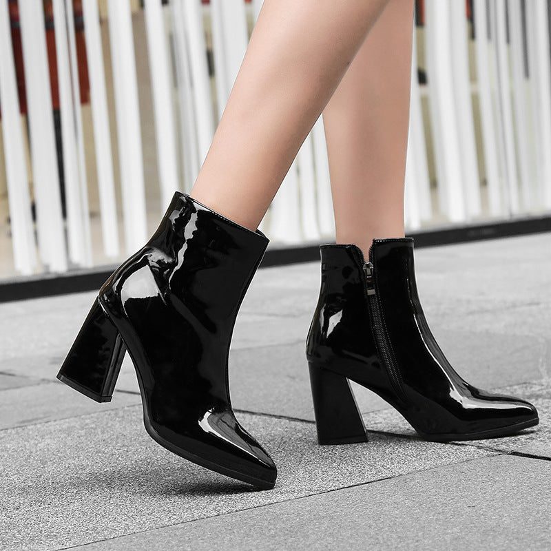 Women'S Genuine Leather Winter Boots with Side Zipper Closure - Pointed Toe Chunky Heel Ankle Boots, European & American Style Glossy Short Boots with Thick Heel & Arch Support, Durable Rubber Sole for Casual & Formal Outfits