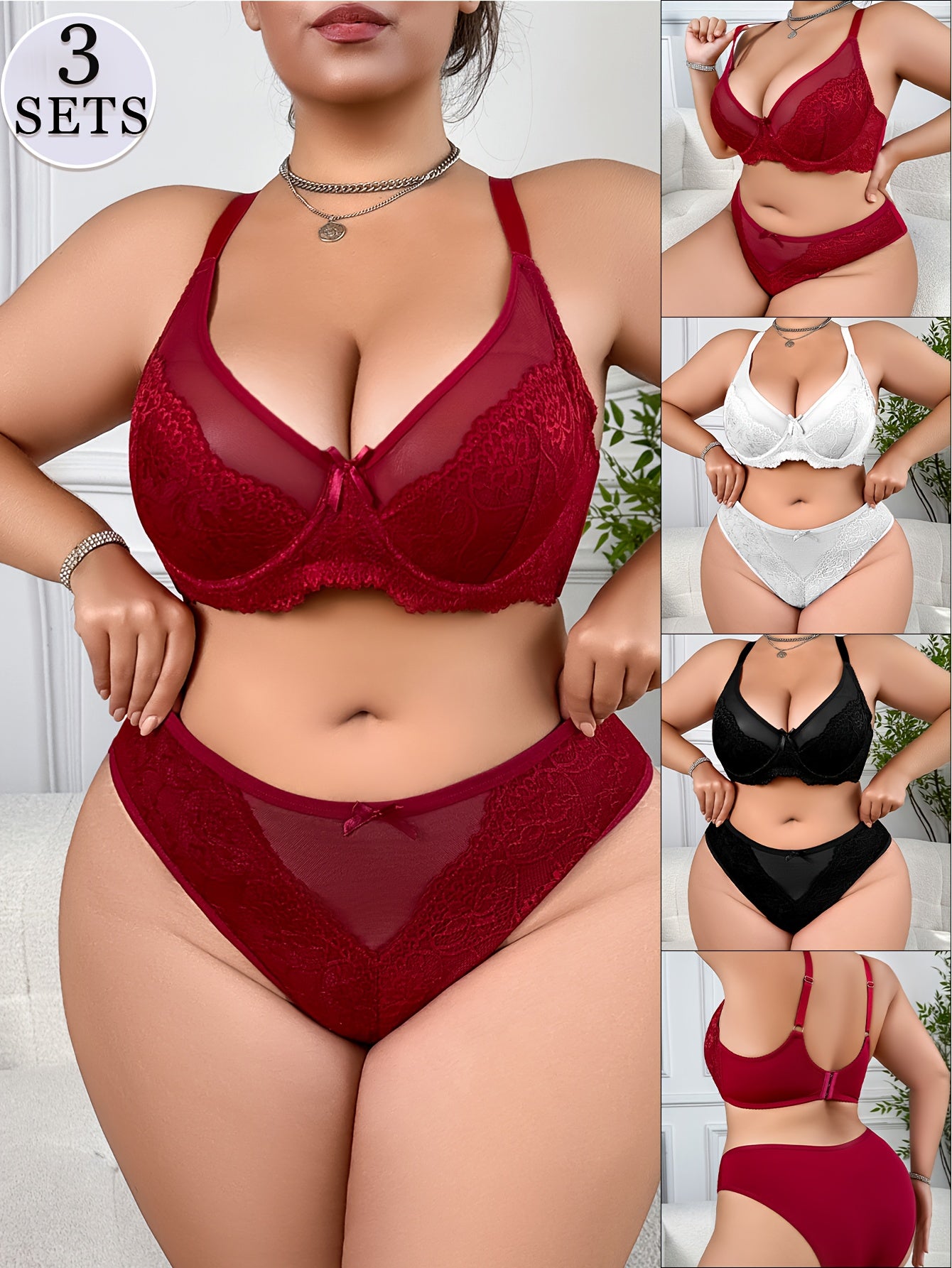 6pcs Women's Plus Size Sexy Lingerie Set, Floral Embroidery Sheer Bra And Mesh Low Waisted Panties, Steel Circle Lift Anti-Sag, Breathable And Comfortable Lace Bra Set with Adjustable Straps And Bow Decoration, Everyday Linge