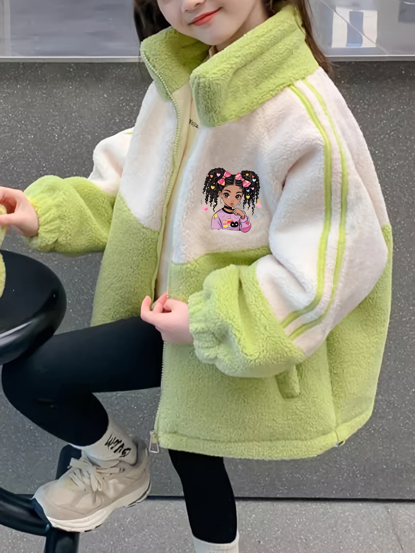 Girls' Winter Coat with Heart & Bunny Face - Soft Fleece-Lined Zipper Front, Loose Fit Long Sleeve Outerwear, Cute Cartoon Character Design for Halloween & Everyday