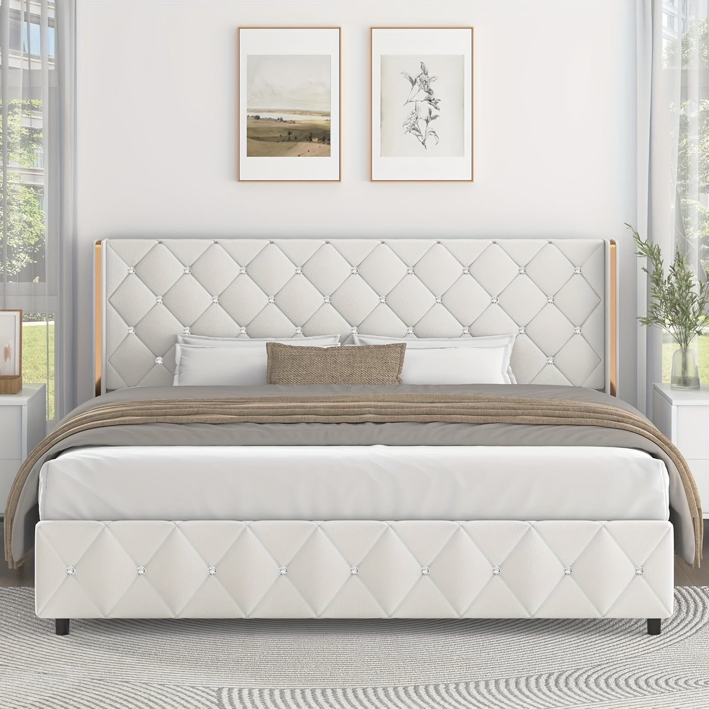 Twin Full Queen King Size Bed Frame, Upholstered Bed Frame with Diamond Tufted Headboard, Modern Silvery Side Wing Back, No Box Spring Needed, Easy Assembly, Purple, Black, Blue, Green, Pink, White