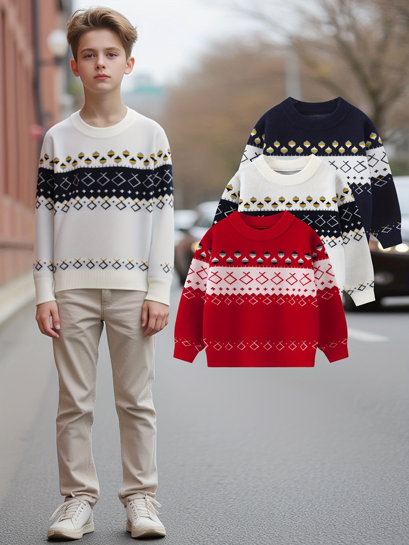 3pcs Boys' Knit Sweaters - Cozy Fall/Winter Pullover with Geometric Pattern, Long Sleeve, Round Neck, Regular Fit, Perfect for Golf & Casual Wear, Sweater Hoodie