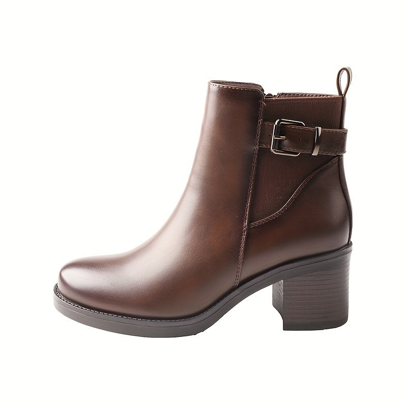 Women'S Classic Round Toe Ankle Boots, Solid Color Microfiber Upper, Fabric Lining, TPR Sole, Fabric Insole, with Side Zipper and Buckle Detail, for Casual Chic Short Boots with Thick Heel