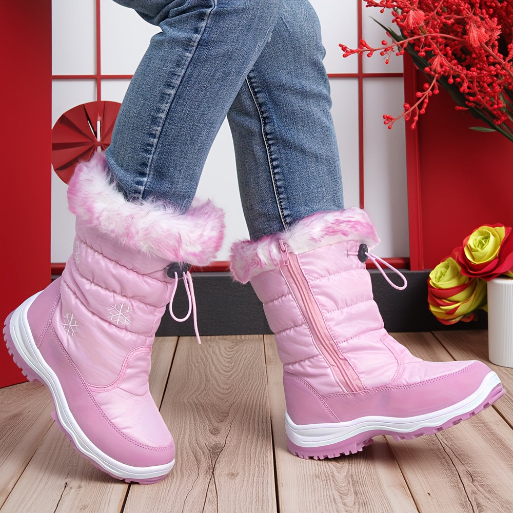 Girls' Winter Snow Boots with Plush Lining - Cute Pink & Snow Boots with Zipper Closure, Warm Mid-Top Round Toe Snow Boots for Girls, All-Season Outdoor Play, Hiking & Casual Wear, Winter Boots, Hiking Footwear, Stylish Footw