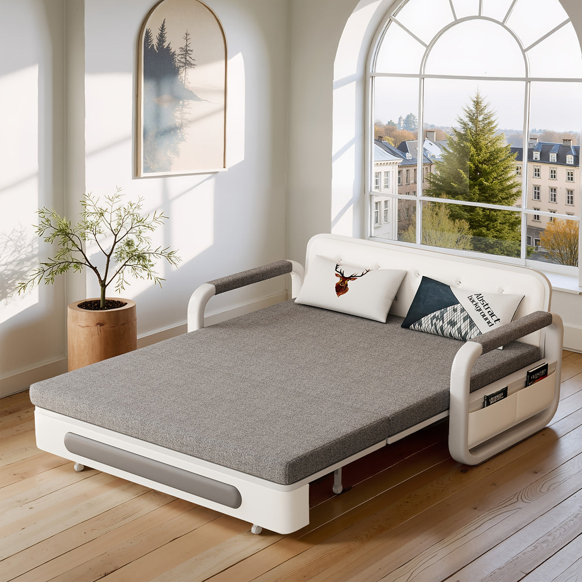 NessCarsti 3-in-1 Convertible Sofa Bed with Storage Cabinet - Space-Saving Sleeper Sofa, Modern Linen Upholstery, Sturdy Hardwood Frame - for Small Apartments, Living Room, Bedroom - No Assembly Required, Easy Conversion Betw