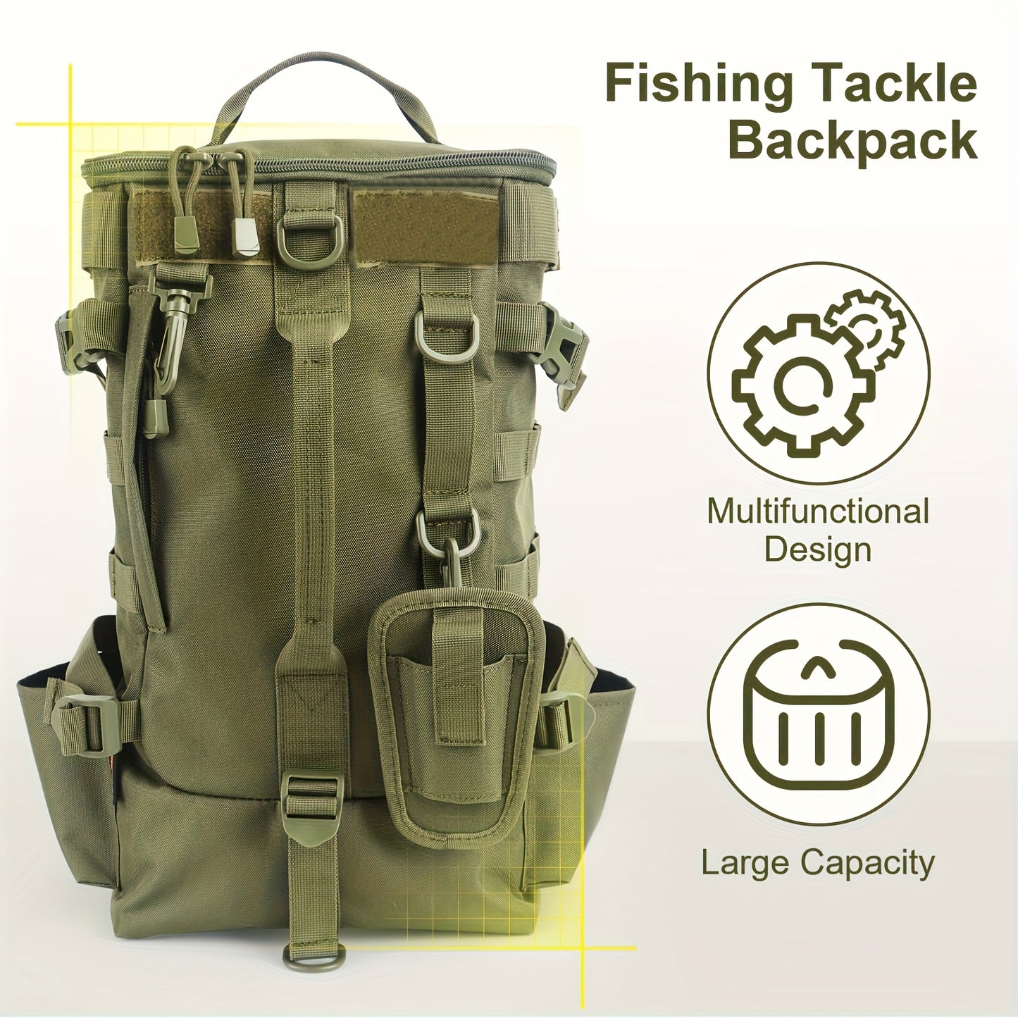 Heavy-Duty Nylon/Polyester Fishing Backpack with Rod Holder & Multiple Zippered Compartments - Large Capacity Tackle Organizer, Padded Back Panel & Side Pockets for Freshwater/Saltwater Fishing, Camping, Hunting Gear - Durabl