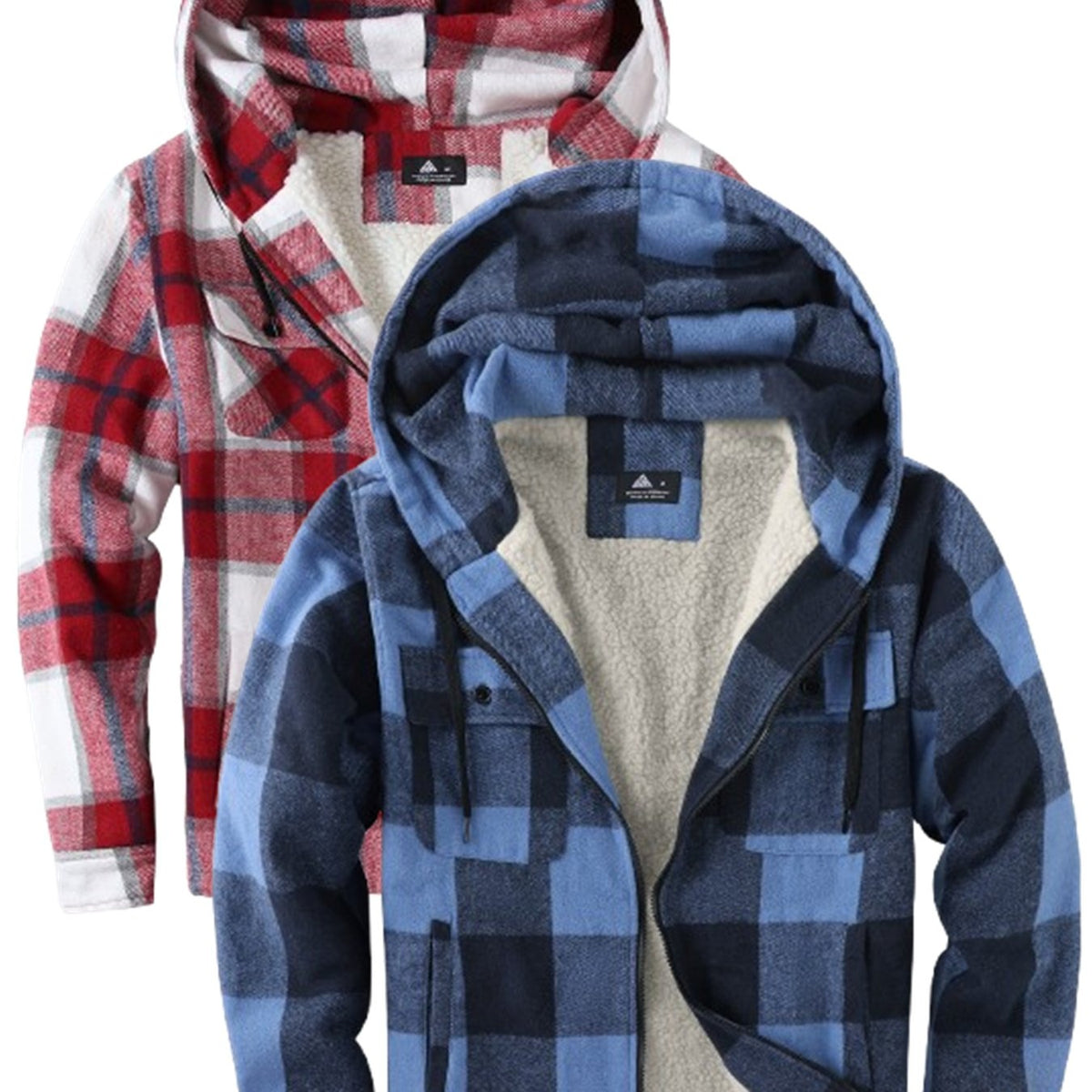 2pcs Men's Heavy Duty Sweater Hooded Jacket - Fully Zipped Thick Snow Mountain Lined Flannel Plaid Shirt with Pockets, Casual Style, Perfect for Fall And Winter, Hooded Collar, Regular Fit, Plaid Pattern, Men's Jacket, Cold W
