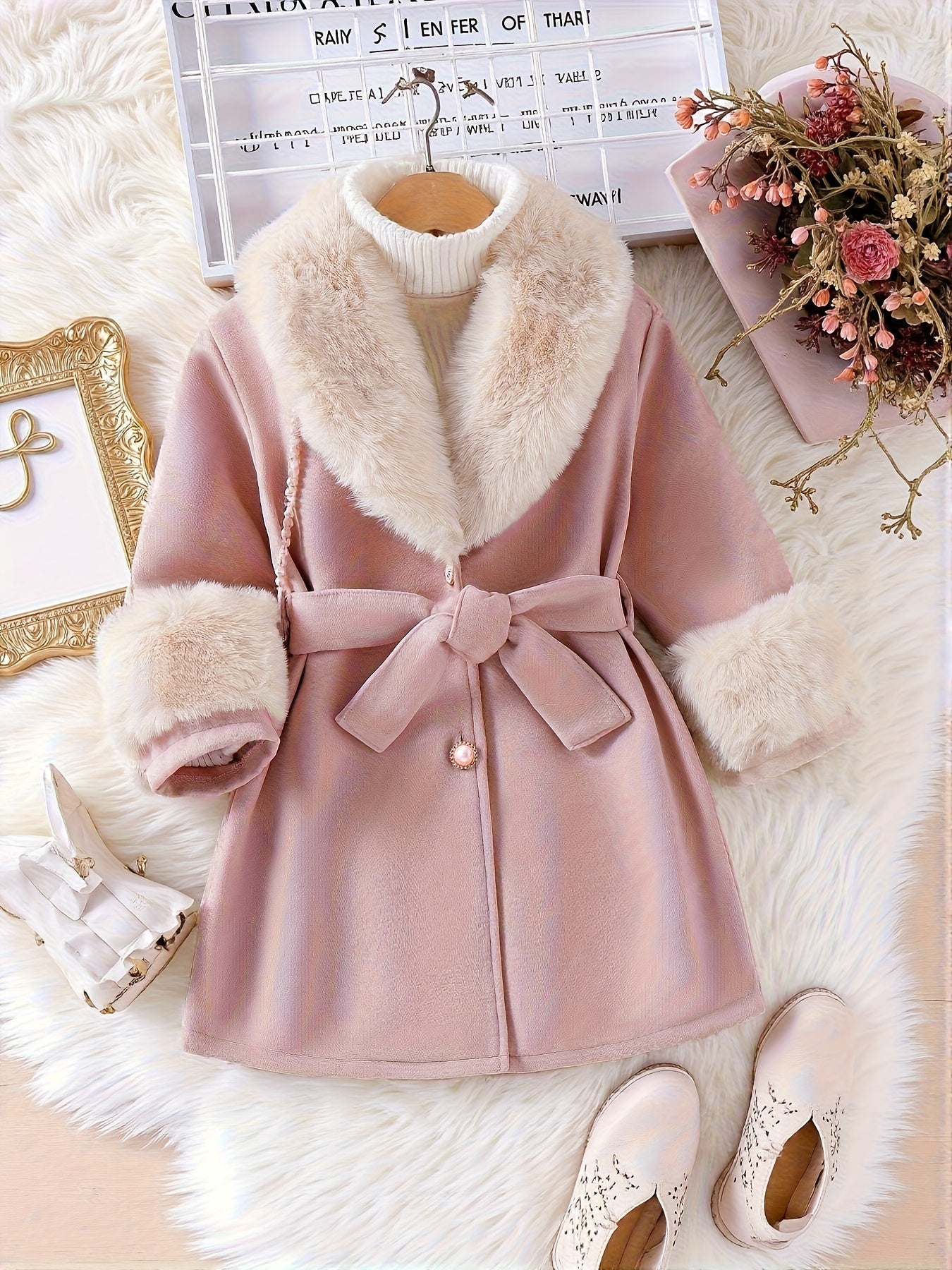 ' Princess-Style Beige Faux Fur-Lined Coat with Bow Detail - Slim Fit Long Sleeve Winter Jacket, Polyester Lining, Perfect for Fall/Winter Casual Wear, Winter Coat for , Autumn Outerwear, Elegant Bow Design, Soft Texture
