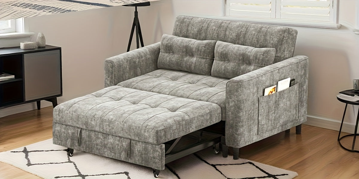 Convertible 3-in-1 Sofa Bed, Foldable Sleeper Chair with Pull-Out Design with Soft Chenille Fabric and Pull-Out Sleeper, Sturdy Wood Frame, Adjustable Backrest, Side Storage Pockets, Space-Saving Modern Sofa Bed for Living Ro