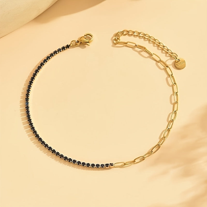 925 Sterling Silvery 18k Golden Plated Half Moissanite Half Paperclip Bracelet, Fashionable And Simple, Adjustable Bracelet, Unisex, Creative, Sparkling, Fashionable, Trendy, And Avant-garde, A Versatile Jewelry Set, Perfect