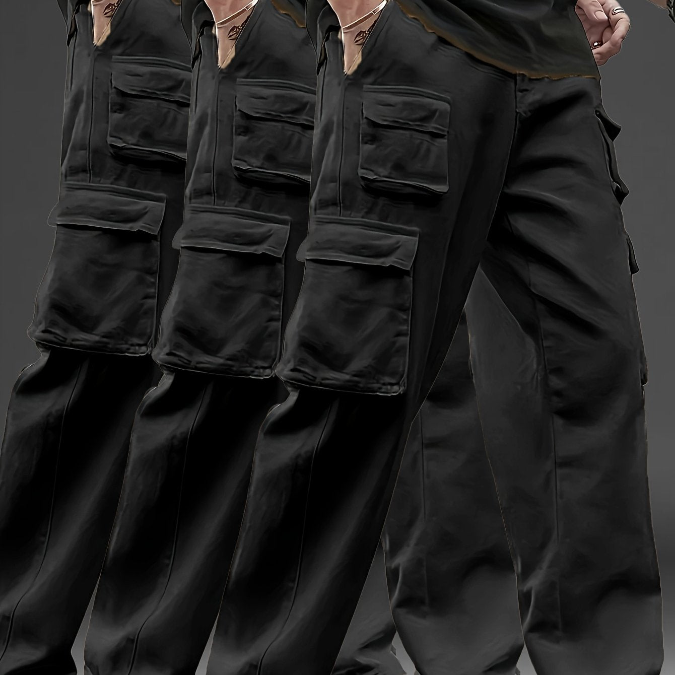 3pcs Men's Multi-Pocket Cargo Pants: Features a Trendy Loose Fit and Durable Design, Making Them Versatile Casual Work Pants Perfect for Outdoor Sports, Daily Wear, Travel, and Various Other Occasions.