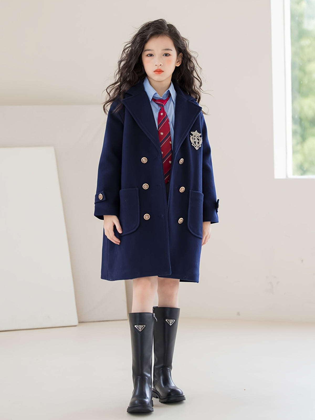 Girls' Thickened Mid-length Tweed Coat | School Style, Lapel Collar, Button Details, Regular Fit, Solid Color, Winter Warmth