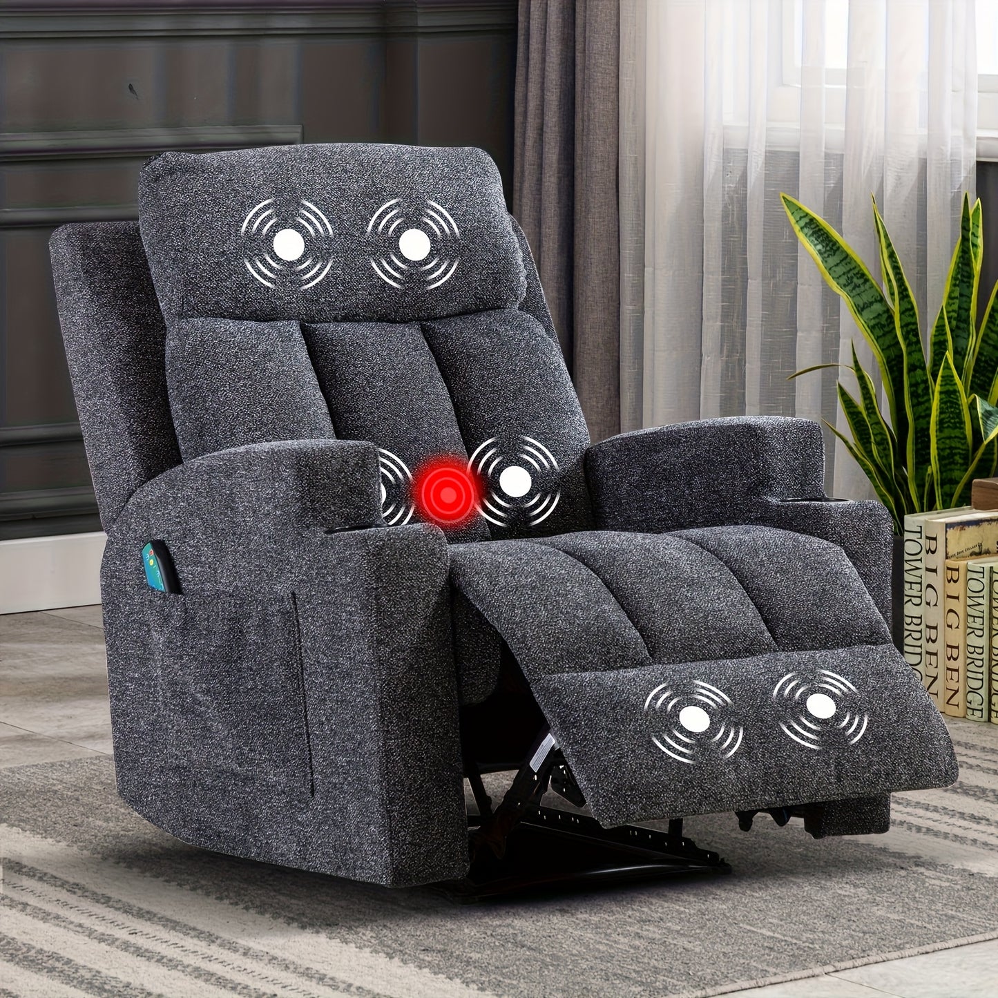 Manual Recliner Chair with Massage And Heat Ergonomic Overstuffed Breathable Fabric Reclining Chair with 2 Side Pockets, 2 Cup Holders, Remote Control, for Game & Recreation Room Furniture