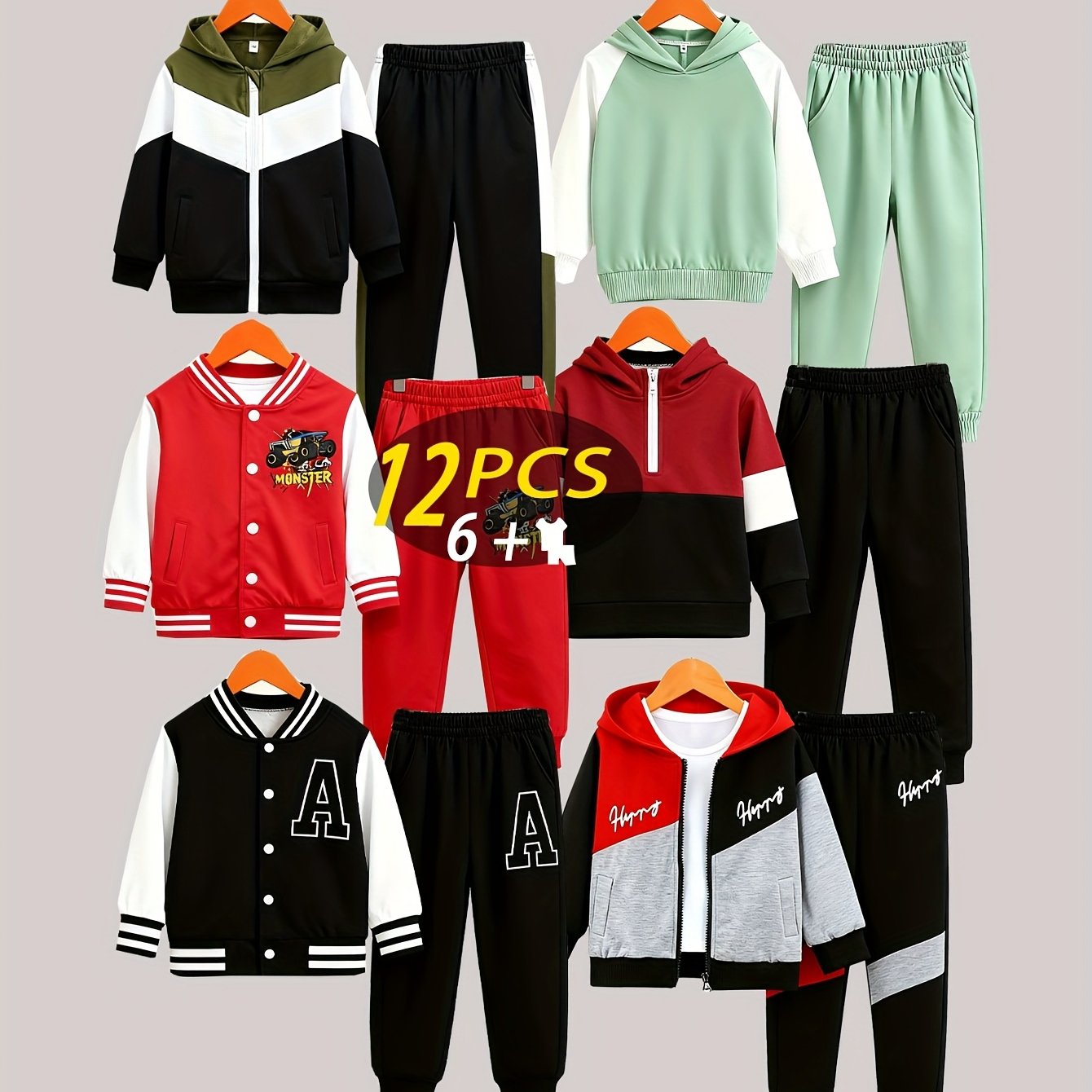 12pcs - Targeted Development New Year's Gift Autumn/Winter New Style Boys' Fashion Long Sleeved Pants Set Pattern Baseball Jacket Splicing Cool Printed Sports And Leisure Outdoor Set, Perfect for Outdoor