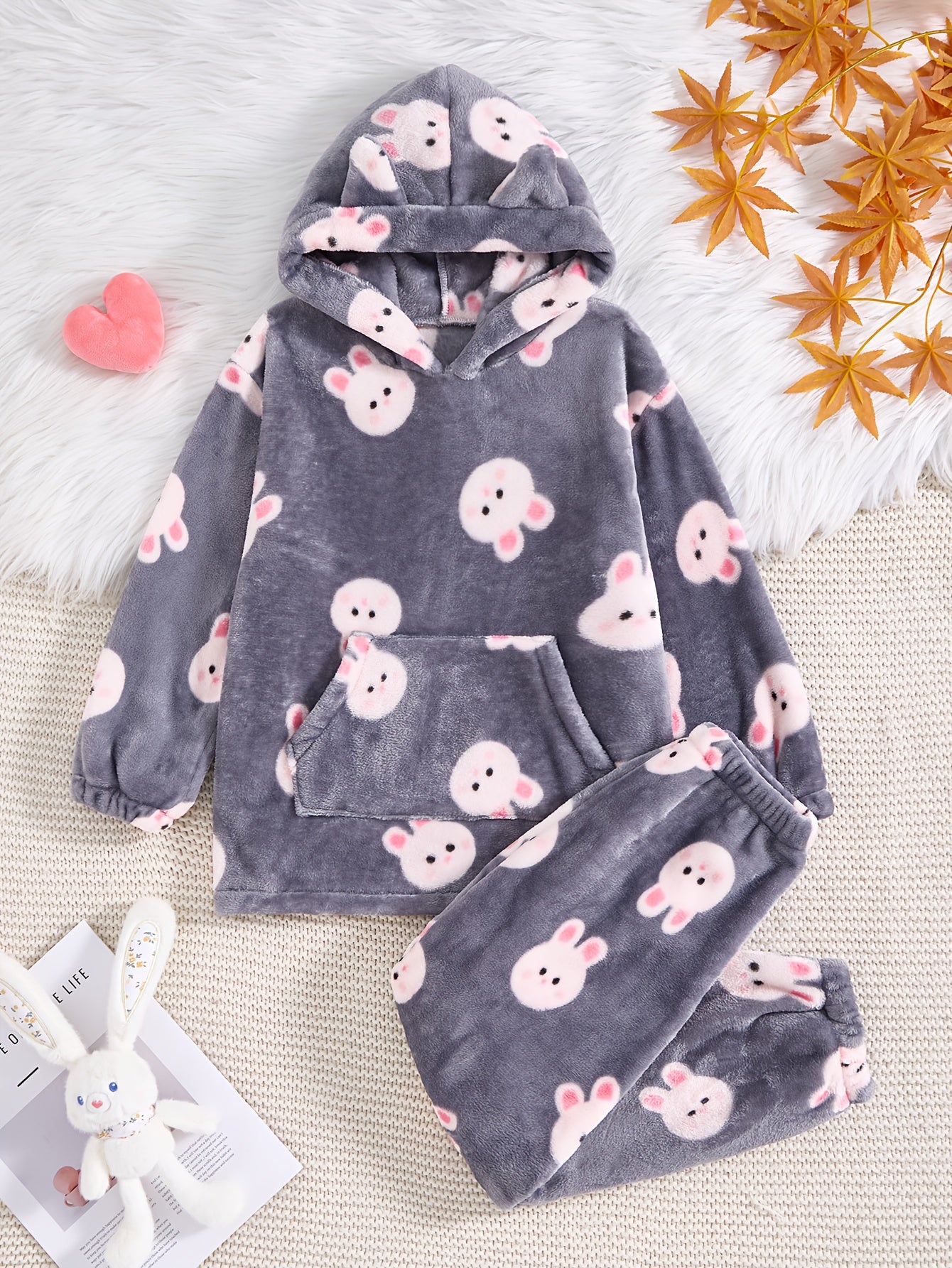 's Plush Hooded Sweatsuit Set - Soft Rabbit Pattern Winter Outfit with Hooded Sweatshirt & Pants, Cozy Loose-Fit Long Sleeve Romper, Machine Washable & (Grey with Pink Bunnies) - Fall & Winter Warmth, Perfect for Outdoor
