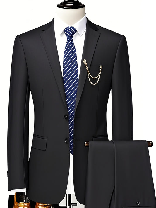 Men'S Elegant Solid Color Business Two-Piece Outfit, Including a Jacket with Two Buttons And Trousers, Ideal for Work Commutes And Business Trips.