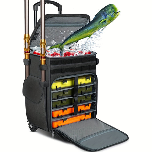 Large Fishing Bag on Wheels Featuring a Rolling Tackle Box with a Cooler, Designed for Five Trays (Trays Not Included). This Saltwater-Resistant Tackle Backpack Includes Rod Holders And a Bottom for Storing Gear, Poles, And L