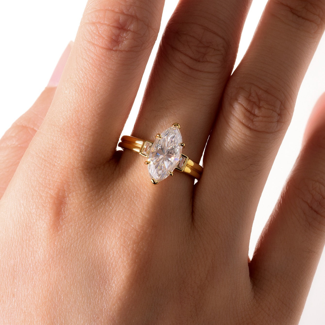 3ct Marquise Moissanite Ring 925 Sterling 925 Silver 18K Gold Plated Plated Baguette Side Stones Minimalist Geometric Jewelry Office Gift for Women