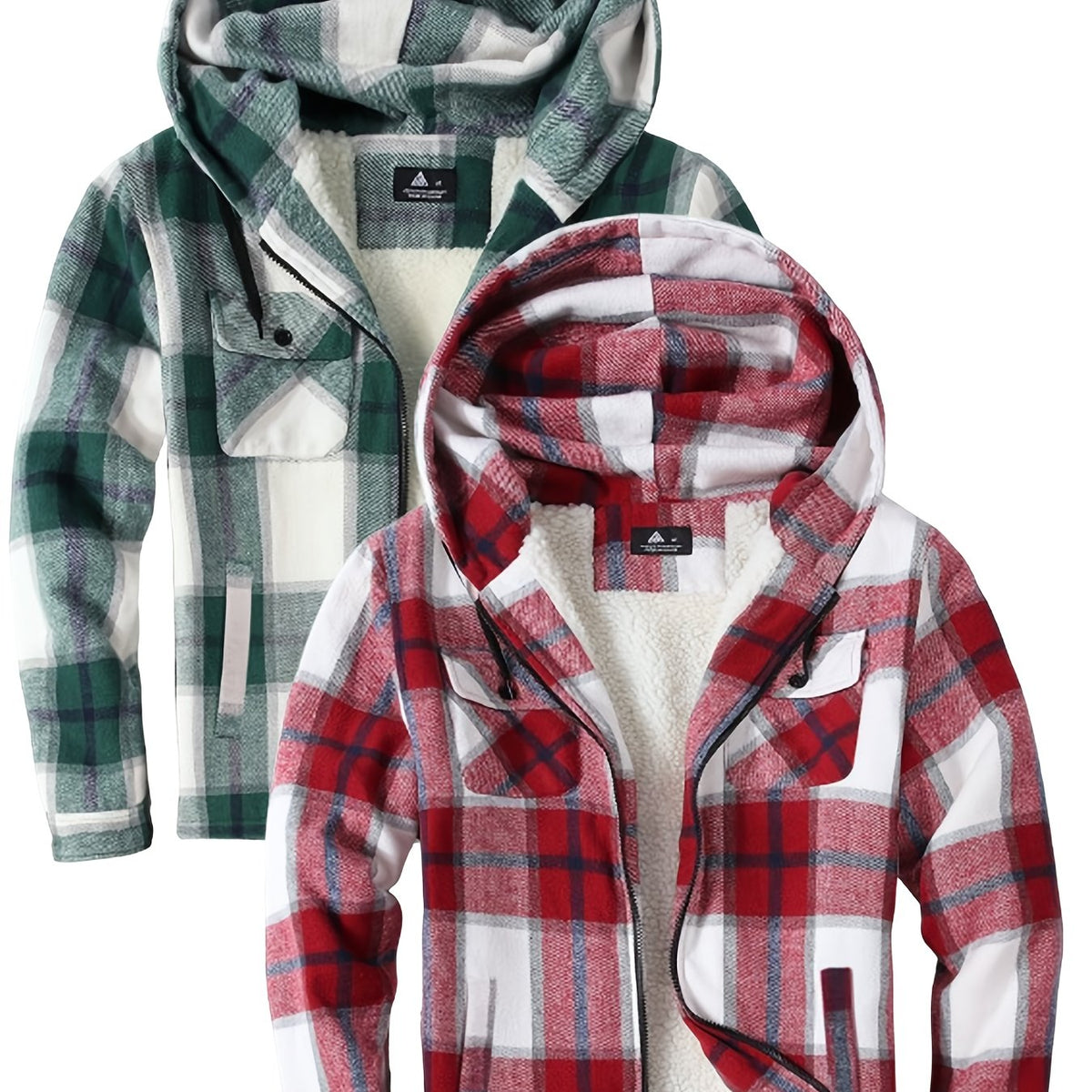 2pcs Men's Heavy Duty Sweater Hooded Jacket - Fully Zipped Thick Snow Mountain Lined Flannel Plaid Shirt with Pockets, Casual Style, Perfect for Fall And Winter, Hooded Collar, Regular Fit, Plaid Pattern, Men's Jacket, Cold W