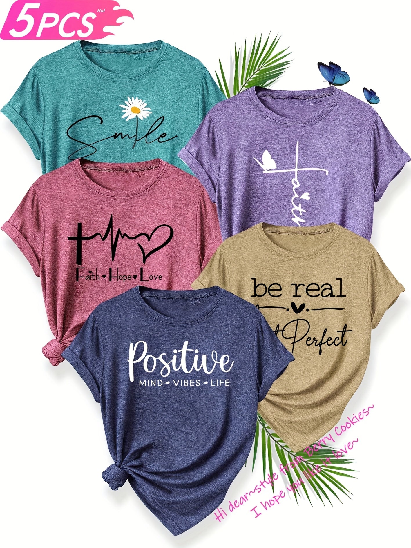 5pcs Women's T-Shirt Set, "Be Real" & "Smile" Inspirational Quotes, Heart & Flower Designs, Soft Polyester, Round Neck, Short Sleeve, Spring/Summer/Fall Casual Wear, Sizes S-XXL, Spring Summer Apparel, Playful Graphic Tees, M