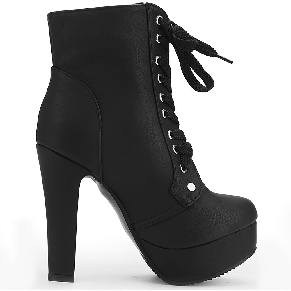 High Heel Boots For Women, Womens Platform Boot Heels Sexy Round Toe Lace UP High Heels Mid Calf Boots