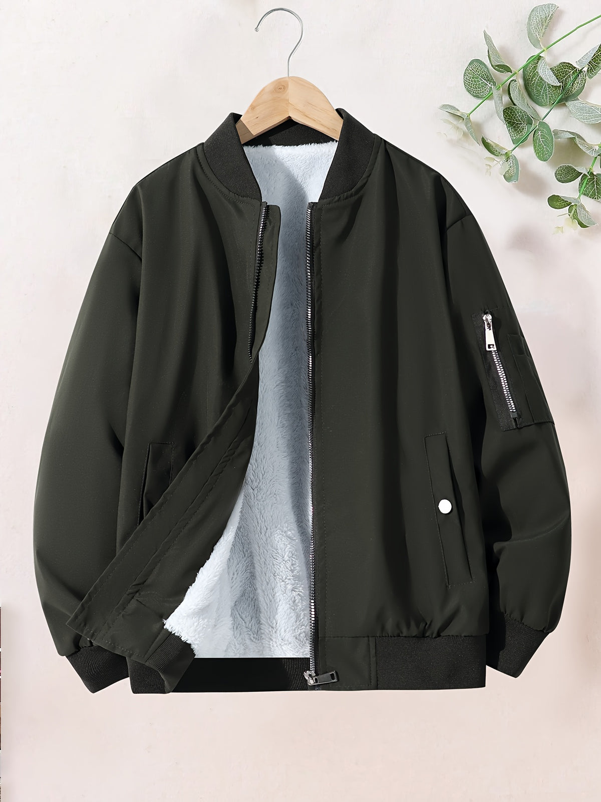 1pc Boys' Teen Jacket - Thickened Winter Coat with Full-Zip Closure, Baseball collar, Non-Stretch Fabric - Black Outerwear for Teens & Youth - Cold Weather Outer Jacket for School, Sports, Everyday - Easy-Care Polyester Jacke