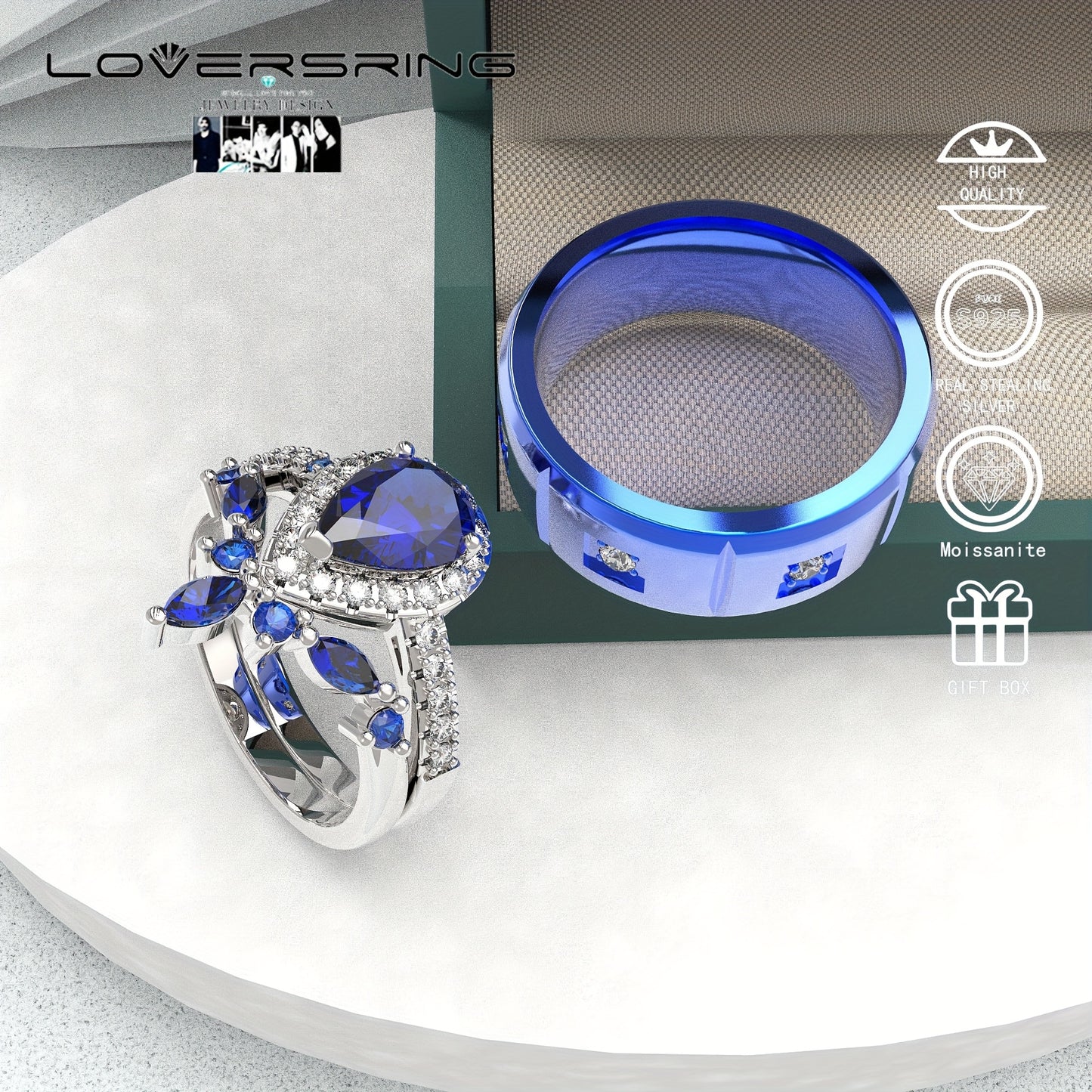 Bridal Sets Wedding Ring Sets His And Hers Promise Ring Couples Bridal Sets Women S925 Sterling Silvery Blue Moissanite Man Titanium Wedding Bands With Couple Ring Box