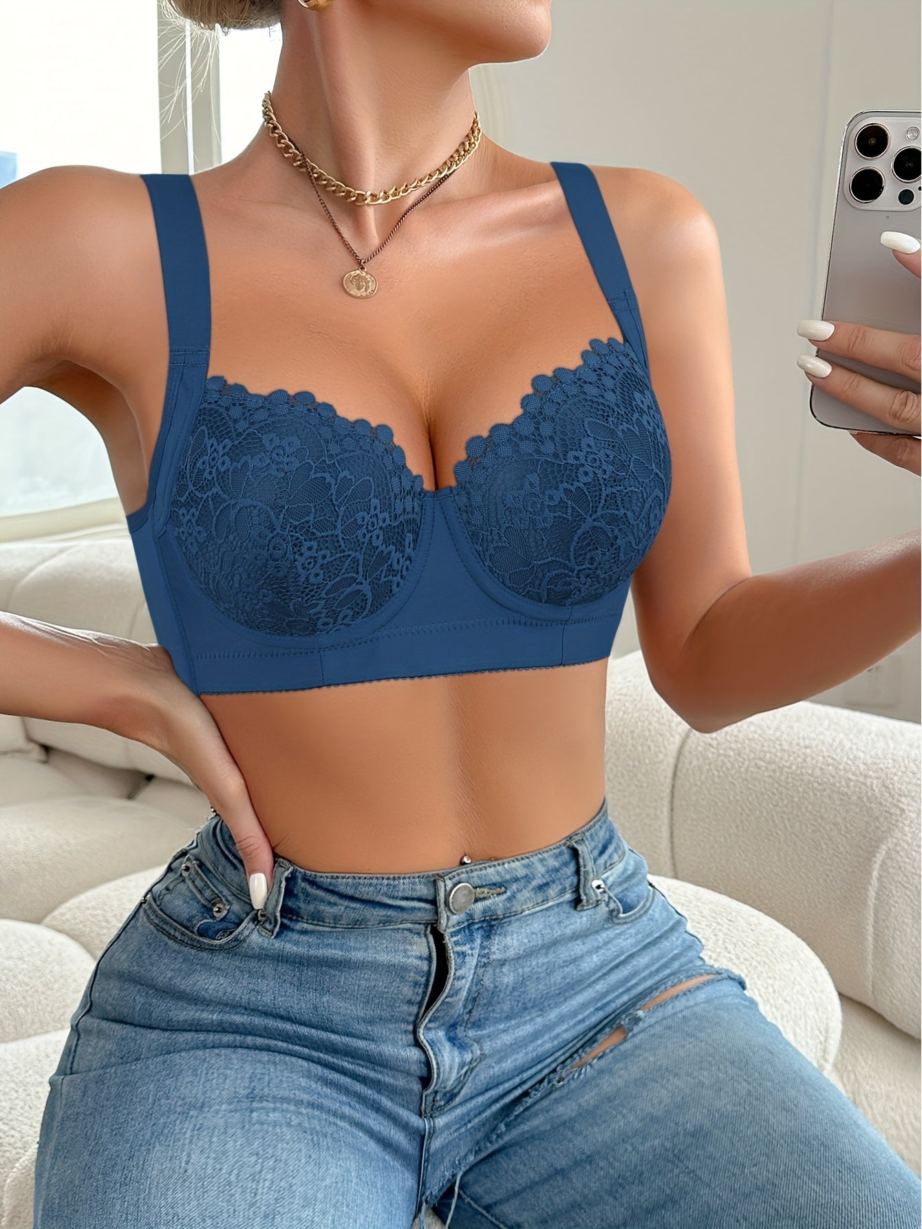 [Elegant Lace Bras] 3pcs Elegant Lace Women's Bras | Push-Up Underwire, Non-Removable Pads, Comfortable Support, Contrast Lace Trim, Solid Color (White/Black/Navy) - Hand Wash Only, Local Warehouse Fast Delivery