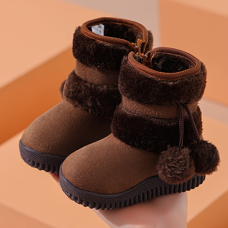 [Kids' Snow Boots] New Kids' Snow Boots, Boys and Girls PlushBall Soft Sole Warm Fleece-Lined Thickened Shoes, Cute Comfortable Zipper Design