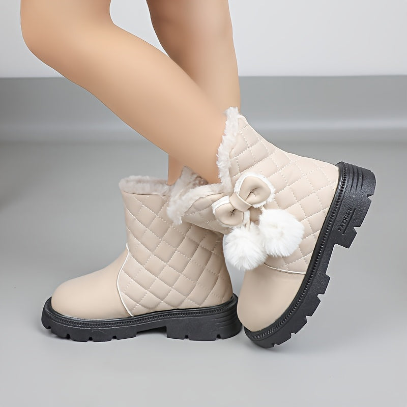 Girls' Winter Boots - Slip-On Mid-Calf Snow Boots with Plush Lining, Non-Slip Rubber Sole - Cute / Brown/ - Warm Winter Shoes for School, Playdates, Thick, Winter Boots For Girls, School Footwear, Playdate Footwear, Durable F