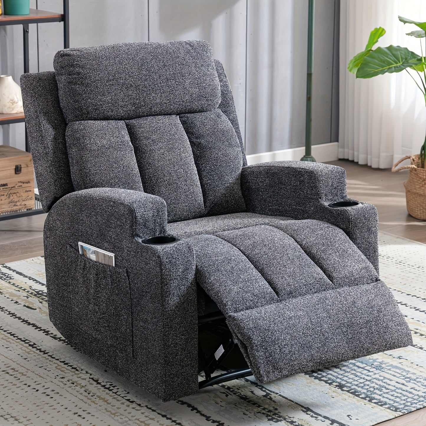 Manual Recliner Chair with Massage And Heat Ergonomic Overstuffed Breathable Fabric Reclining Chair with 2 Side Pockets, 2 Cup Holders, Remote Control, for Game & Recreation Room Furniture