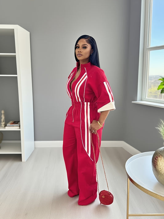 Red Jumpsuit, Unique Stand Up Collar, Smooth Zipper Front, Slim Waist, And Loose Wide Leg Silhouette, Bold, Fashionable, Relaxed And Elegant Style