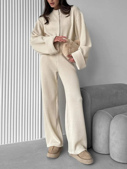 Women'S Thermal Two-Piece Set - Full-Zip Front Pantsuit, Long Sleeve Leg Pants, Elegant Office to Party Outfit for Fall/Winter, Cozy Formal & Casual Pantsuit Ensemble, Winter Wardrobe, Fall Fashion, Stylish Knitwear, Durable