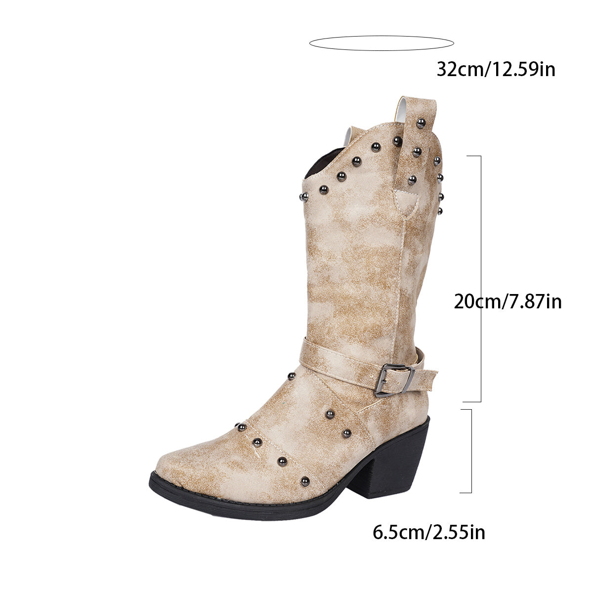 Women'S Slip-On Chunky Heel Pointed Toe Mid-Calf Boots with Rivet Accent - Thick Platform Sole, Round Toe & Arch Support, Synthetic Cover Upper & Cushioned Insole - 8 Sizes Available for Work, Office, Parties - All-Day Comfor