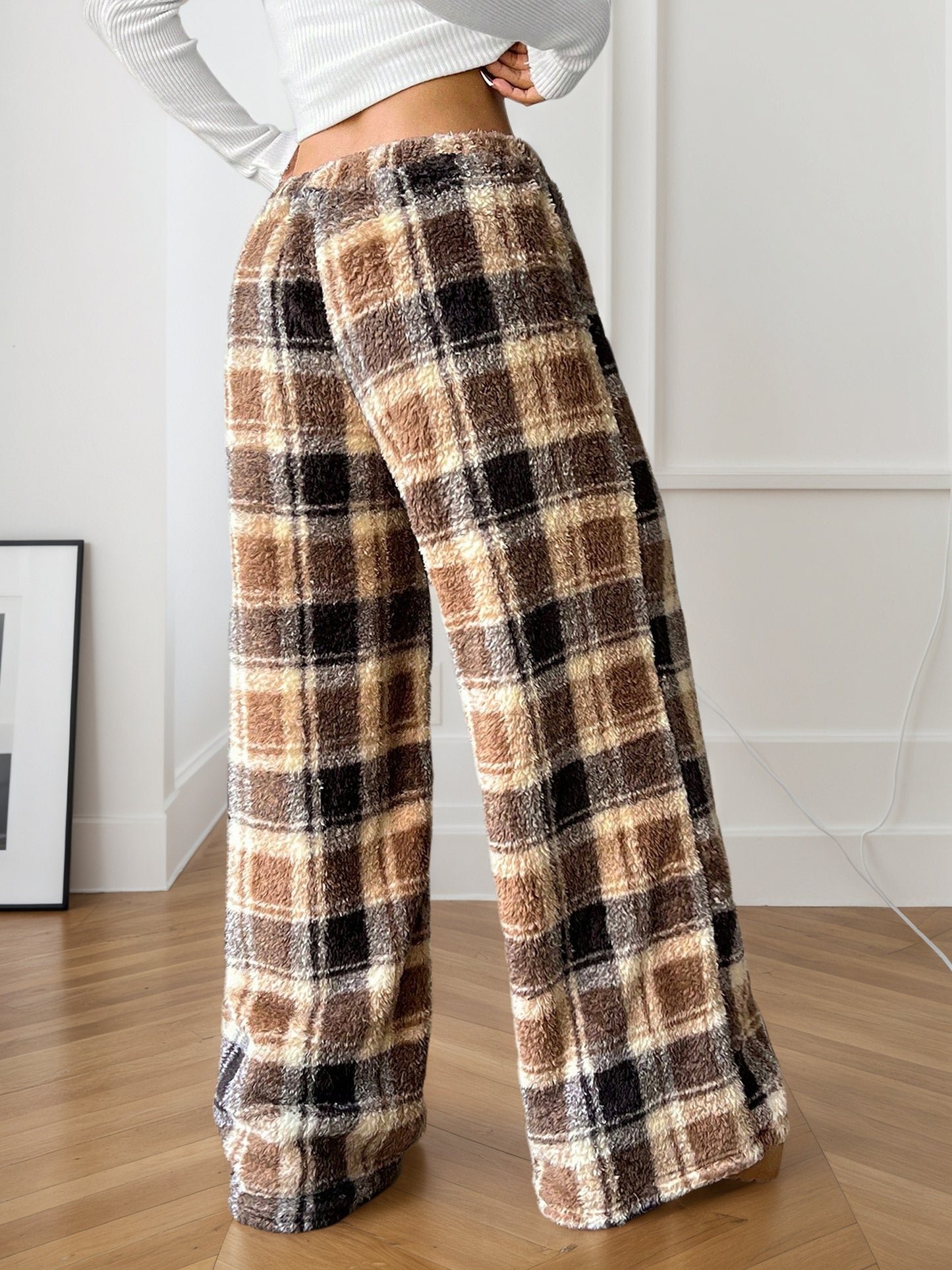 Teen Girls' Winter Plaid Wide-Leg Pants - Full-Length Loose Trousers, Straight Leg Outfits, Machine Washable Non-Stretch for Teen Girls (for, for church Events, for all-Day), Perfect for Outdoor, for Teenager