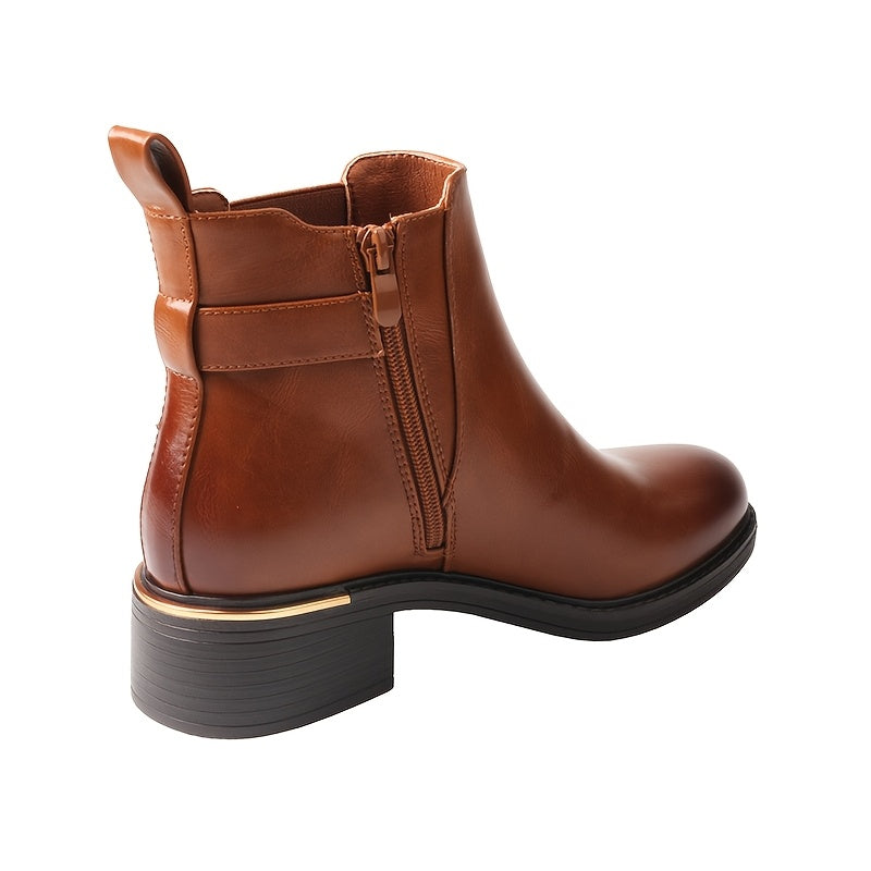 1pr TMA EYES Women's Elegant Ankle Boots - All-Season Low Block Heel with Buckle Side Zipper, Plain Toe, Fabric Upper & Inner, TPR Sole, Casual Dress Booties, Allseason Footwear | Side Zipper Boots | Sleek Texture Finish