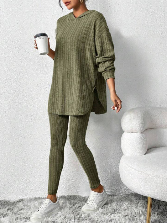 Women'S 2025 Fall Winter Ribbed Hooded Sweatsuit Set - Oversized Loose-Fit Long Sleeve Sweater & Wide-Leg Pants, Soft Stretchy Casual Winter Outfit, Cozy Solid Color Sweatsuit for Casual Attire, Layering & Formal Events, Vers