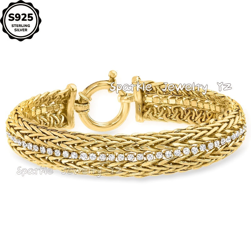 925 Sterling Silver Golden Double-layer Wheat Chain Bracelet, Set with High-quality Moissanite, Ladies' Jewelry Bracelet, Ladies' Golden Byzantine Bracelet, Daily Gift for Wife And Lover, Birthday, Anniversary, Halloween And