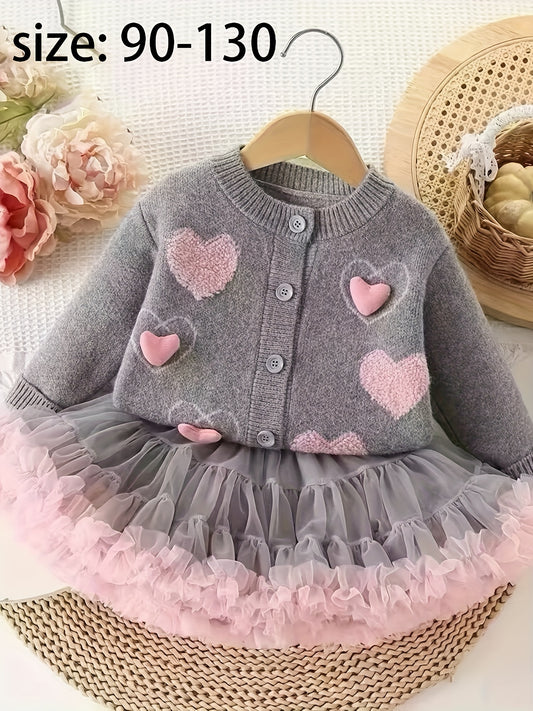 [Holiday Wear, Christmas] Girls' Knit Cardigan 2025 Autumn New Arrival Trendy Baby Girl Peach Heart Sweater Open Front Top + Cake Skirt, Girls' Set, Girls' Sweater Open Front Top + Girls' Skirt. Three-Dimensional Heart Decora