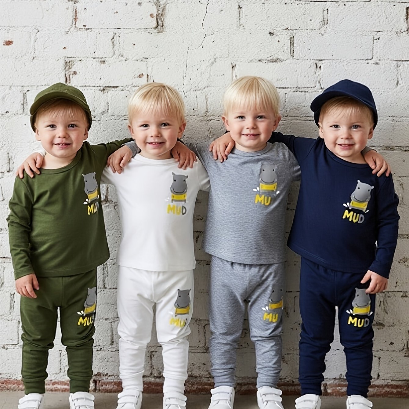 8pcs Set of Autumn Collection for Baby Boys: Simple, Comfortable, Trendy, And Fashionable, Featuring a Cartoon Hippo Pattern, Round Neck, Long Sleeves, And Elastic Waist Long Pants, for Outdoor, Perfect for Outdoor, Baby Boy