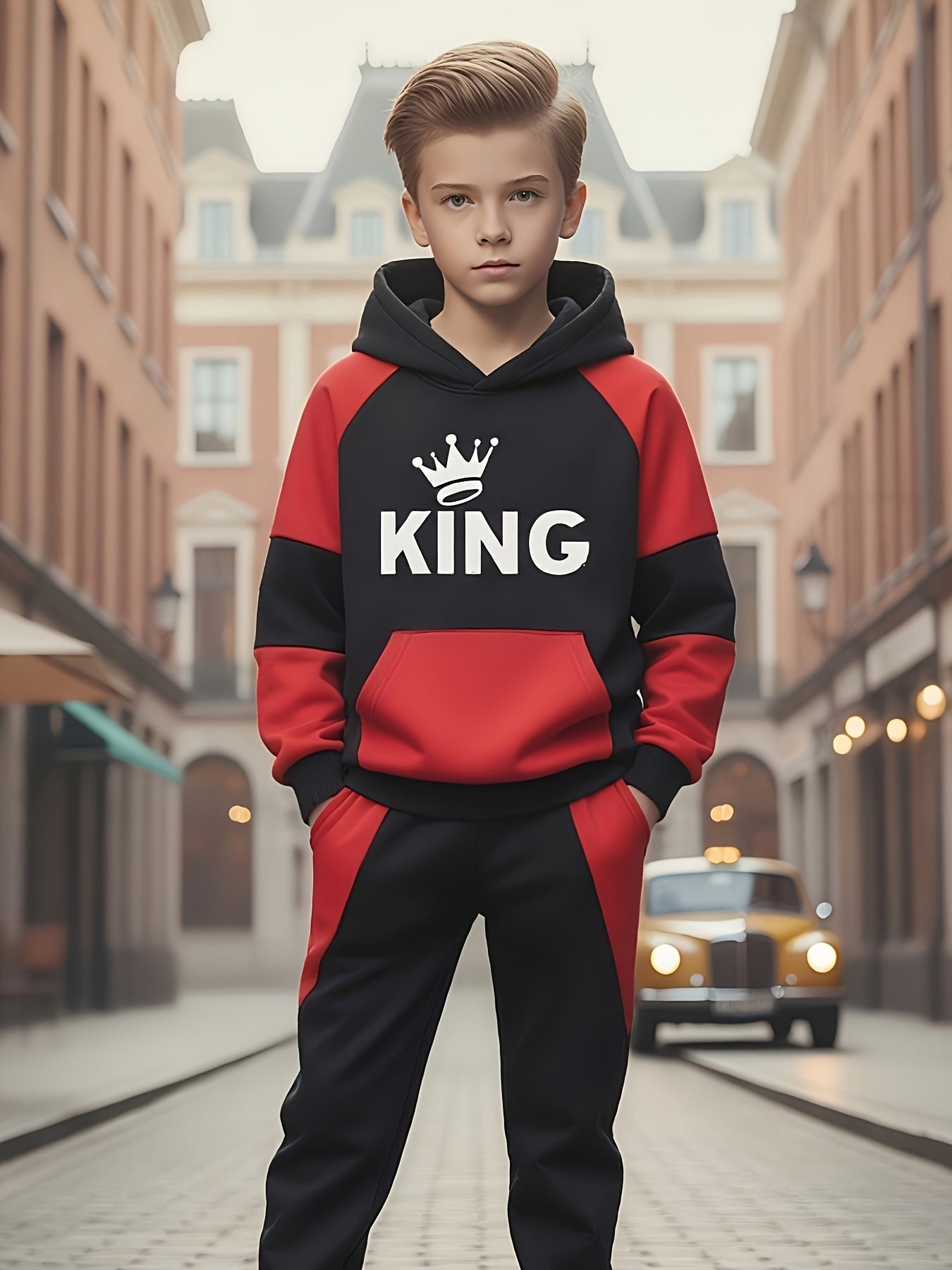 Boys' 2pcs Fleece-Lined Hoodie & Jogger Pants Set with "KING" Print - Warm Winter Sports Outfit, Casual Athletic Wear for Outdoor Play, Black & Red Design, Long Sleeve, Polyester, Perfect for Fall/Winter, Everyday Youngsters'