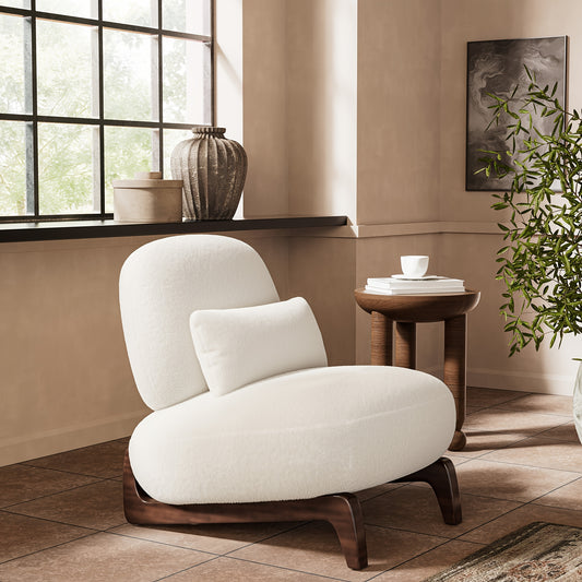 Off White/Green Modern Boucle Chair - Sturdy Wood Legs With Thick Cushion, Comfortable Lumbar Pillow Armless Reading Chair For Living Room Lounge Bedroom