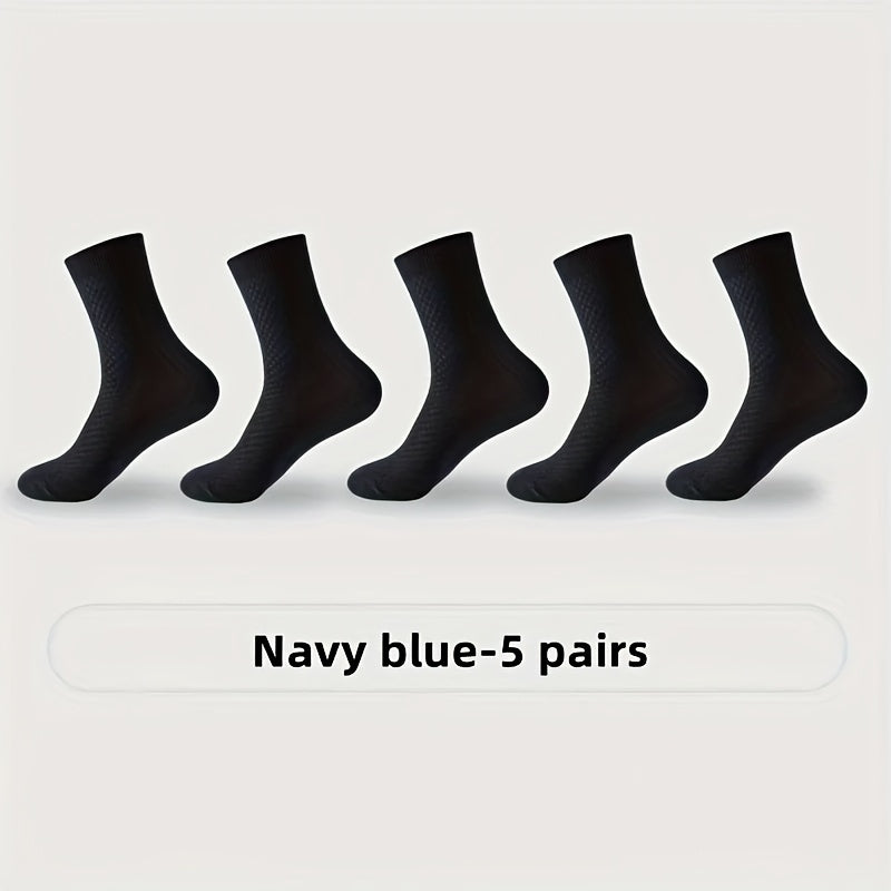 [Breathable Bamboo Socks] 5 Pairs Bamboo Fiber Men's Mid Tube Socks | Breathable Business Casual Formal Socks, Double Needle Dark Square Pattern