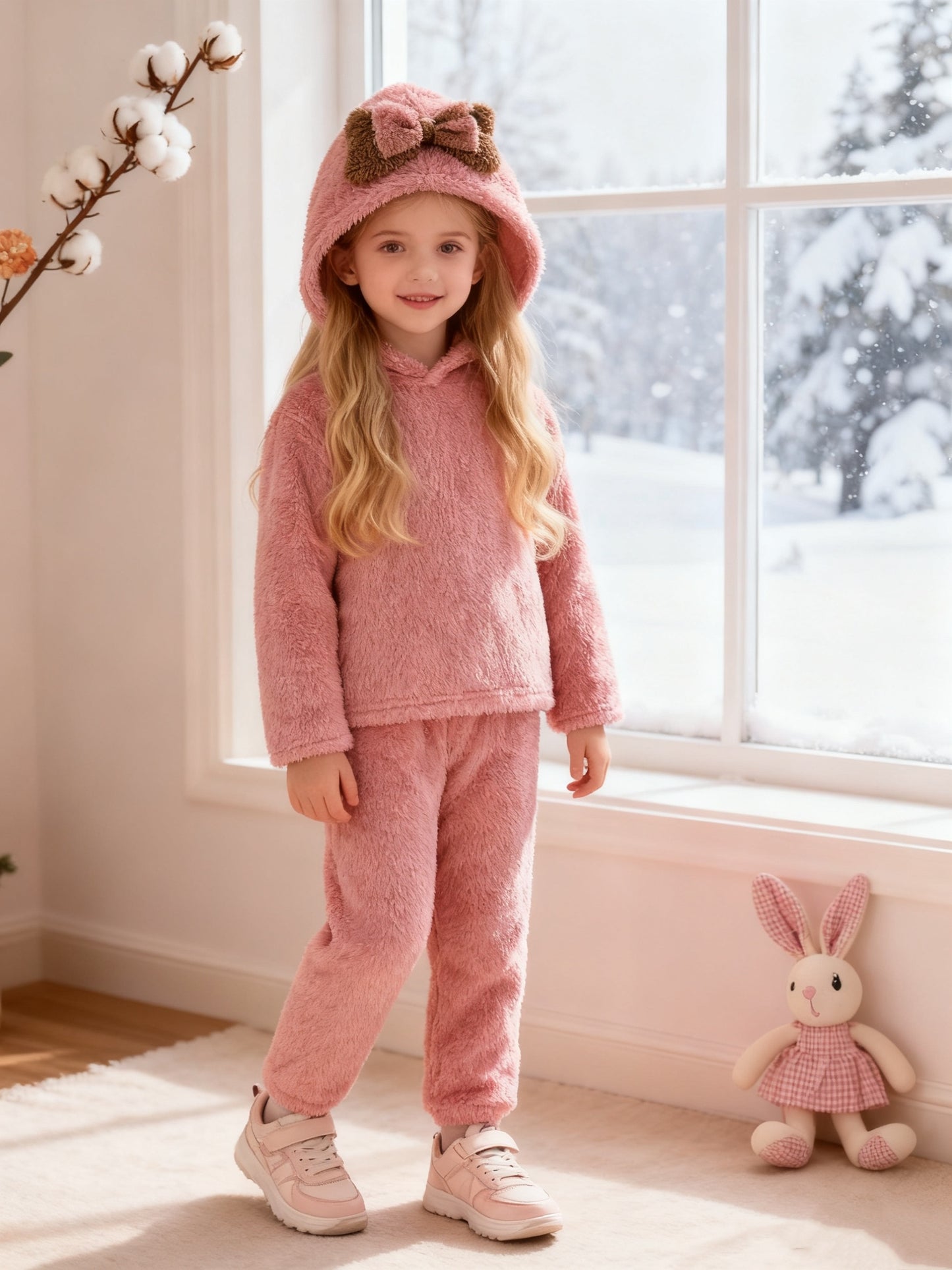 Girls' Warm Fleece Hooded Pullover Jacket + Long Pants Set, Autumn Winter Plush Coat with Elastic Waist Trousers for Girls' Cold Weather Protection Sweater Top and Matching Joggers Outfit, 4-5-6-7-8 Years Old Suitable for Goi