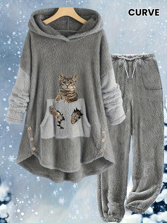 [Cozy Cat Print Set] 2pcs Plus Size Women's Winter Cat Print Fleece Hoodie & Pants Set | Cozy and Stylish Casual Outfit - Women's Clothing
