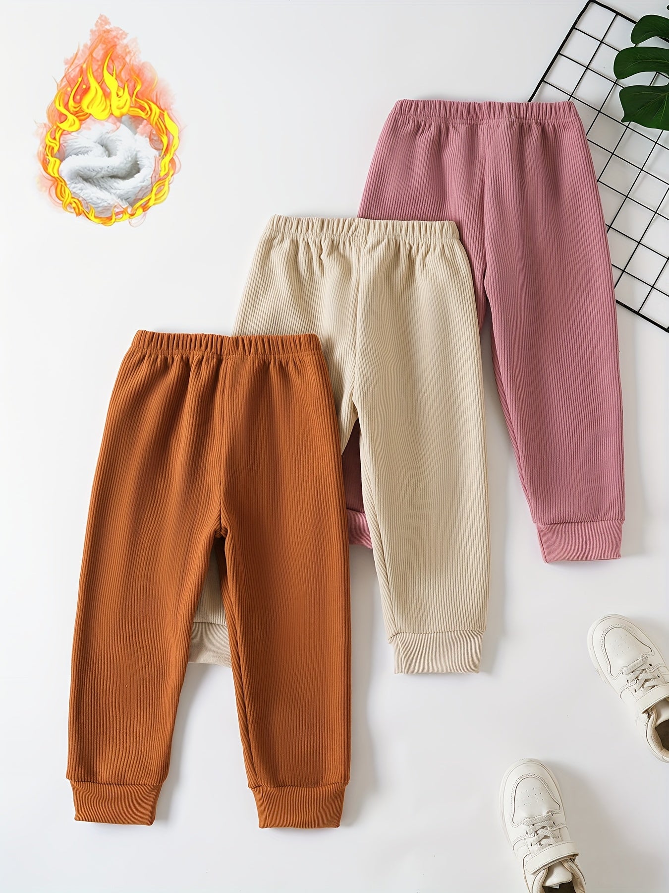 3pcs Girls' Thermal Long Pants, Striped + Fleece Knit Fabric for Autumn/Winter Outdoor Sports Multi-Pack, Autumn Wear, Cold Weather Clothing, Sporty Design, Casual Wear, Comfortable Fit, Soft Material, Thermal Leggings, Knit