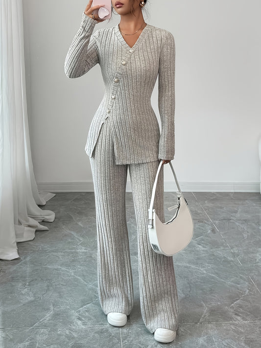 European and American Women's V-Neck Long Sleeve Button Decor Top and Pants Two-Piece Set for Autumn and Winter