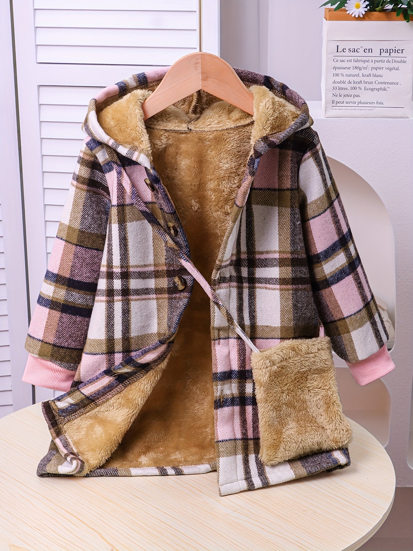 Girls' Plaid Fleece-Lined Hooded Jacket with Faux Fur Trim - Single-Breasted Button Front, Mid-Length Winter Coat for Autumn & Cold Weather, Machine Washable Casual Outerwear