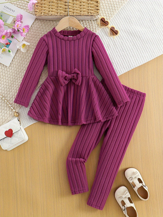 [Chic | Fall/Winter] Cozy Fleece-Lined Girls' Bow-Knot Long Sleeve Dress & Pants Set | Solid Color, Machine Washable | Perfect for Fall/Winter, Perfect for Outdoor