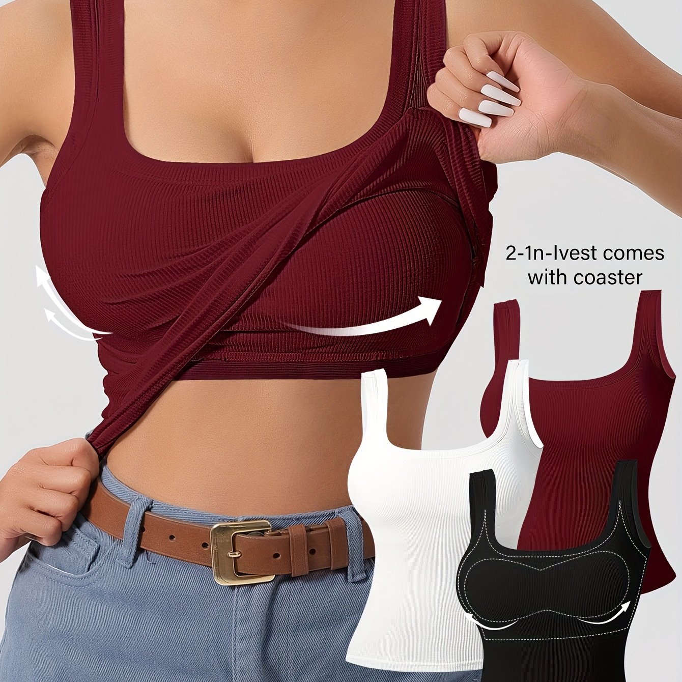 Women's 3Pcs U-Back Tank Tops With Removable Pads, Slim Fit Solid Color Versatile Inner & Outerwear Camisole Vest Set Casual Style