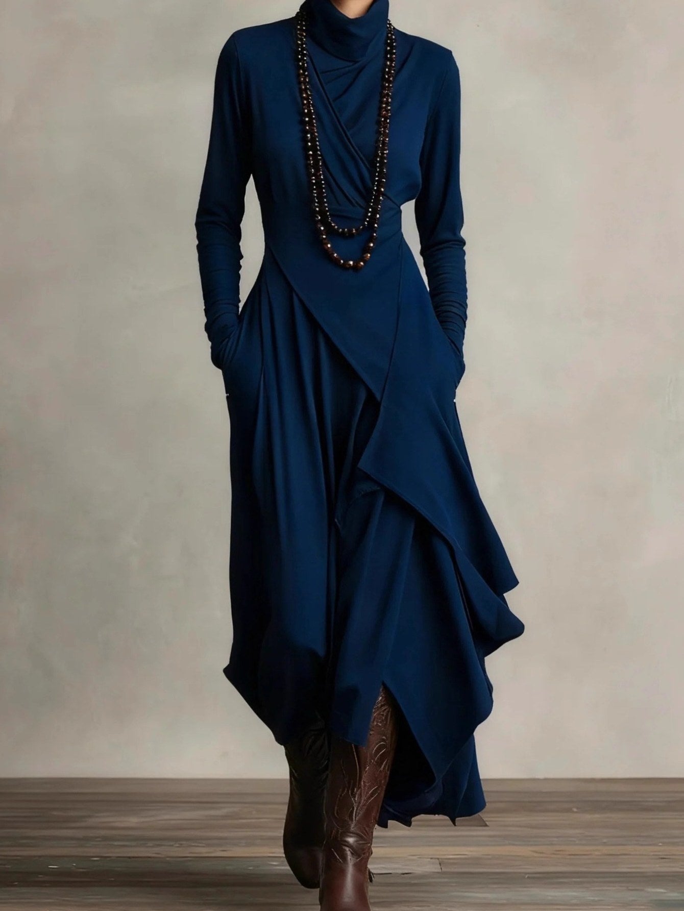 Plus Size - HERTALK Women'S Solid Color Long-Sleeved Cross High-Neck Dress Long Dress